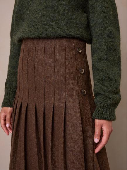 Celtic & Co. Pure Wool Button Detail Pleated Midi Skirt, Russet - view 2, Russet