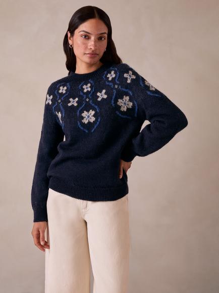 Celtic & Co. British Wool Abstract Floral Jumper, Navy, Navy