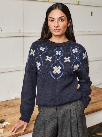 Celtic & Co. British Wool Abstract Floral Jumper, Navy - view 2, Navy