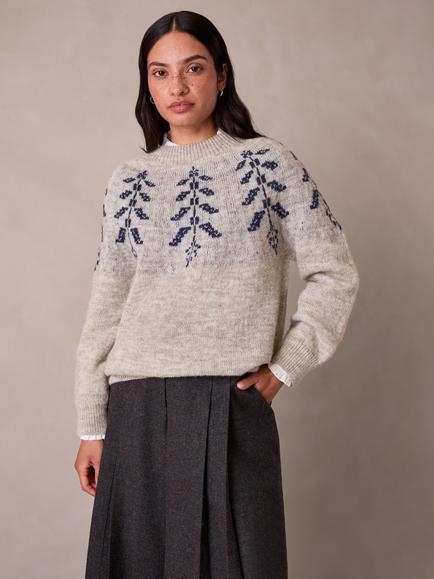 Celtic & Co. Botanical Leaf Jacquard Pure Wool Jumper, Oatmeal/Navy