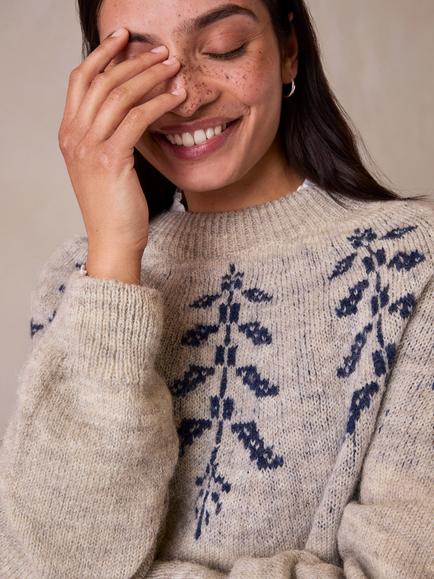 Celtic & Co. Botanical Leaf Jacquard Pure Wool Jumper - view 2, Oatmeal/Navy