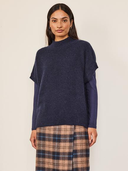 Celtic & Co. Woolly Relaxed Funnel Neck Short Sleeve Jumper, Navy, Navy