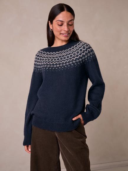Celtic & Co. British Wool Graduated Fair Isle Jumper, Navy/Ecru, Navy/Ecru