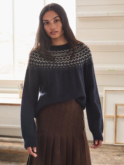 Celtic & Co. British Wool Graduated Fair Isle Jumper, Navy/Ecru - view 2, Navy/Ecru