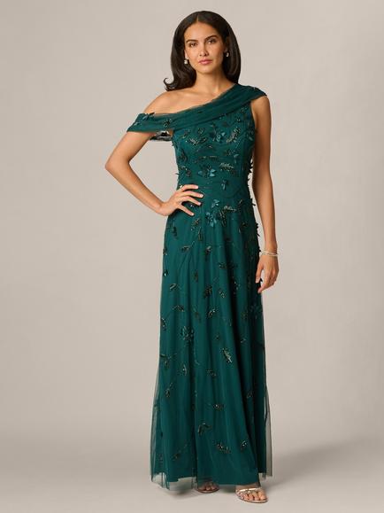 Adrianna Papell Beaded Asymmetric Mesh Maxi Dress, Gem Green, Gem Green