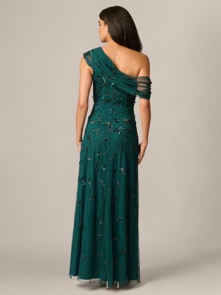 Adrianna Papell Beaded Asymmetric Mesh Maxi Dress, Gem Green - view 2, Gem Green