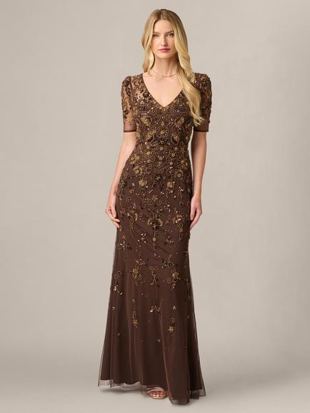 Adrianna Papell Beaded Mesh Maxi Dress, Chocolate, Chocolate