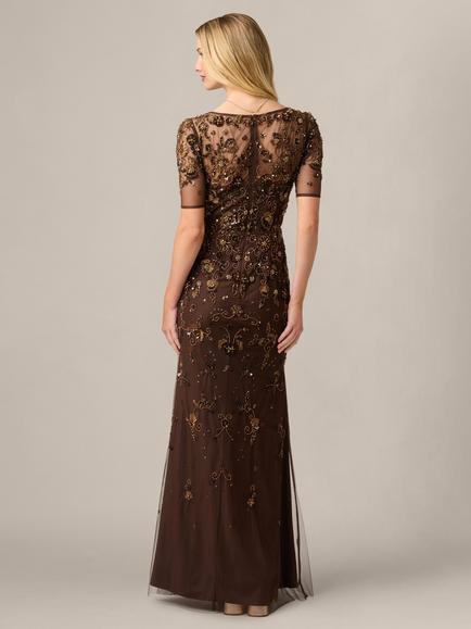 Adrianna Papell Beaded Mesh Maxi Dress, Chocolate - view 2, Chocolate