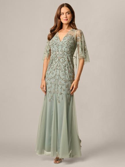 Adrianna Papell Cape Beaded Mesh Dress, Sage, Sage