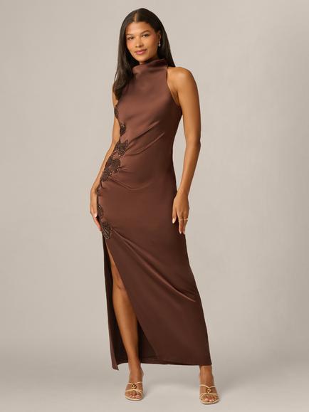 Adrianna Papell Aidan Mattox Embroidery Satin Maxi Dress, Espresso, Espresso