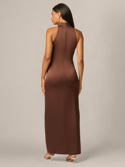 Adrianna Papell Aidan Mattox Embroidery Satin Maxi Dress, Espresso - view 2, Espresso