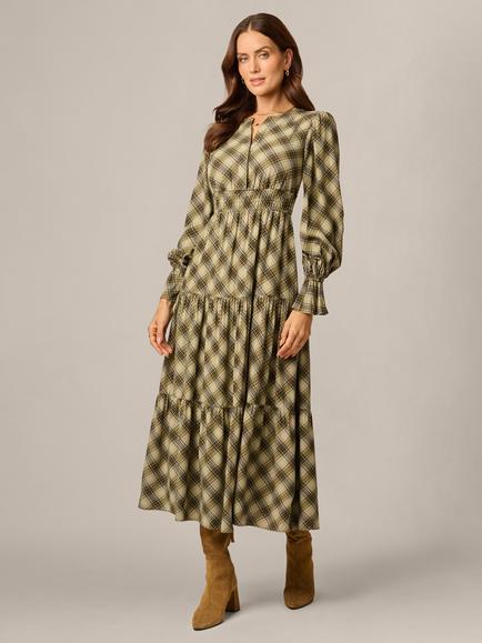 Adrianna Papell Check Print Smocked Maxi Dress, Olive Multi, Olive Multi