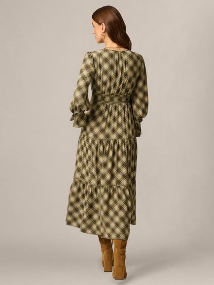 Adrianna Papell Check Print Smocked Maxi Dress, Olive Multi - view 2, Olive Multi
