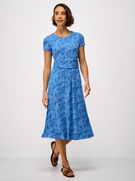 Crew Clothing Lucy Palm Leaf Short Sleeve Jersey Midi Dress containing LENZING™ ECOVERO™ Viscose, Dark Blue, Dark Blue