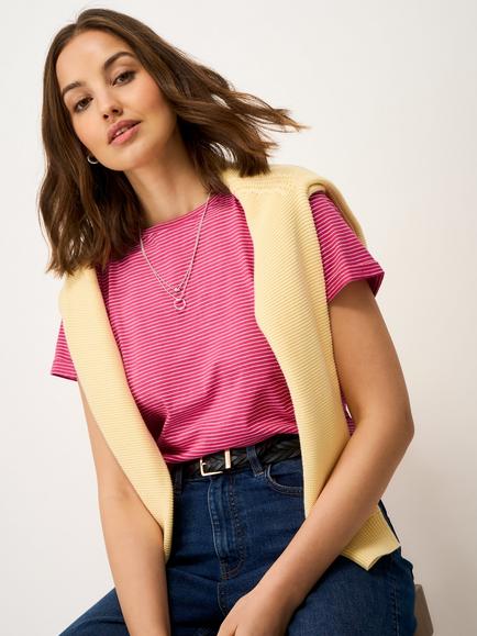 Crew Clothing Cotton-Slub Perfect Striped Crew Neck T-Shirt, Raspberry Pink - view 2, Raspberry Pink