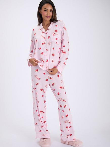 Boux Avenue Strawberry Toast Modal Long Pyjama Set, Pink/Multi, Pink/Multi