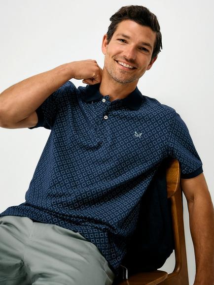 Crew Clothing Moroccan Geo Print Polo Shirt, Navy Blue, Navy Blue