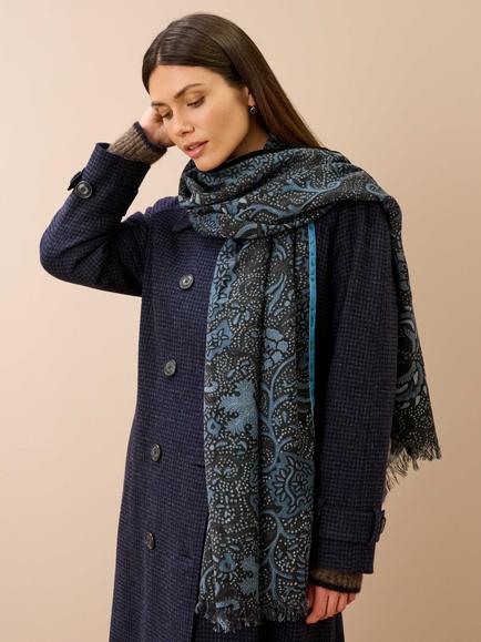 Brora Wool Floral Velvet Trim Scarf, Slate - view 2, Slate