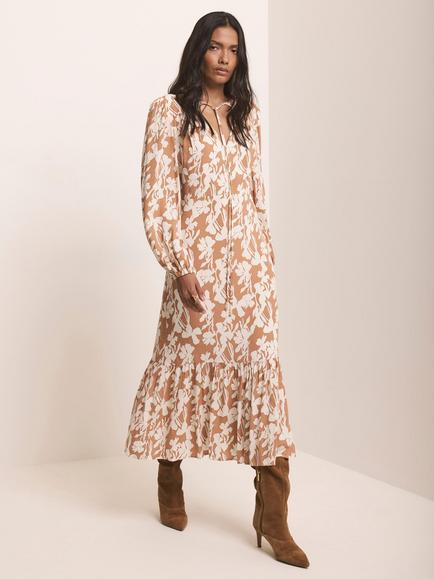Mint Velvet Floral Print Midi Dress, Natural, Natural