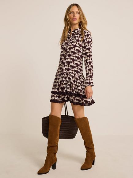 Mint Velvet Swan Print Mini Dress, Red Burgundy, Red Burgundy
