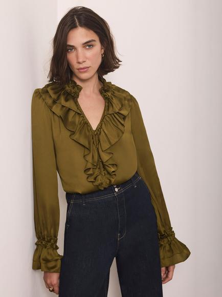 Mint Velvet Satin Ruffle V-Neck Blouse, Olive Green, Olive Green