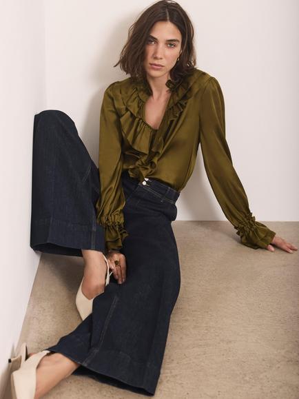 Mint Velvet Satin Ruffle V-Neck Blouse, Olive Green - view 2, Olive Green
