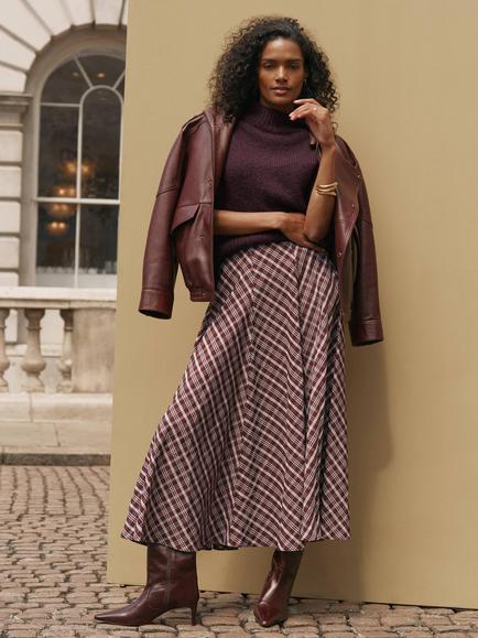 Mint Velvet Checked Midi Skirt, Brown, Brown
