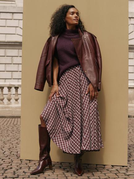 Mint Velvet Checked Midi Skirt, Brown - view 2, Brown