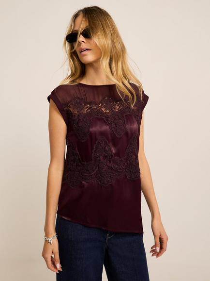 Mint Velvet Satin Lace Detail Top, Red Burgundy, Red Burgundy