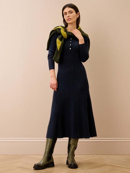 Brora Merino Wool Knit Collared Dress, Dark Navy