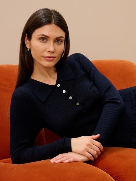 Brora Merino Wool Knit Collared Dress - view 2, Dark Navy