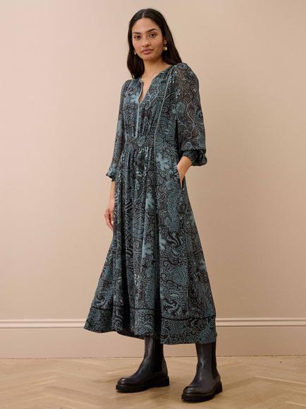 Brora Silk Batik Print V-Neck Dress, Slate, Slate