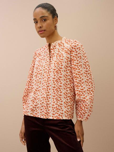 Brora Cotton Feather Print Long Sleeve Top, Copper