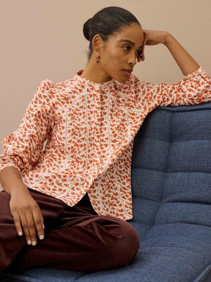Brora Cotton Feather Print Long Sleeve Top - view 2, Copper