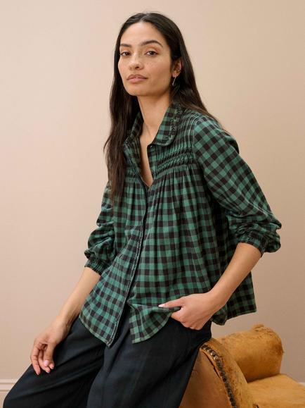 Brora Cotton Gingham Long Sleeve Top, Jade/Black, Jade/Black