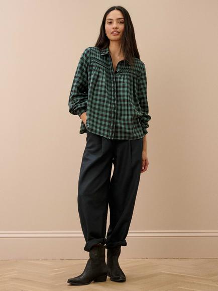 Brora Cotton Gingham Long Sleeve Top, Jade/Black - view 2, Jade/Black