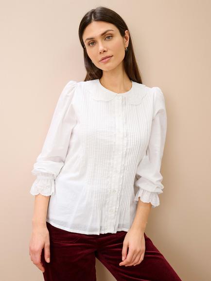Brora Cotton Pintuck Long Sleeve Blouse, White, White