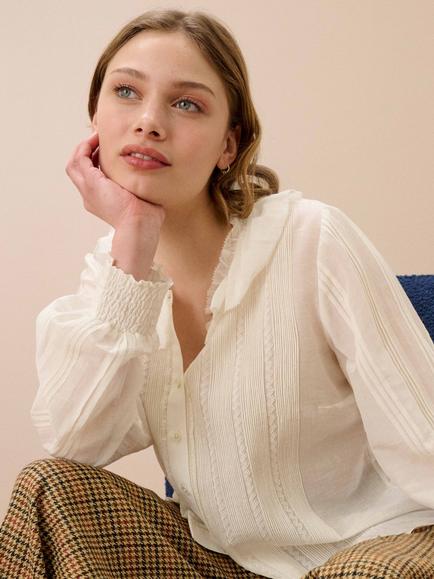 Brora Cotton-Silk Frill Blouse - view 2, Ivory