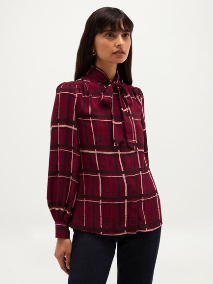 Hobbs Aisha Check Tie-Neck Blouse, Purple, Purple