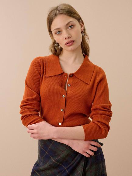 Brora Merino Wool Collared Cardigan, Burnt Orange