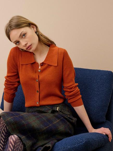Brora Merino Wool Collared Cardigan - view 2, Burnt Orange