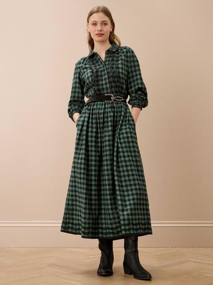 Brora Cotton Embroidered Gingham Dress, Jade/Black, Jade/Black