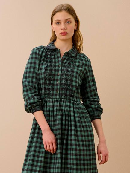 Brora Cotton Embroidered Gingham Dress, Jade/Black - view 2, Jade/Black