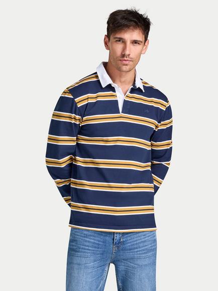 Raging Bull Cotton Tri Colour Stripe Rugby Shirt, Navy, Navy