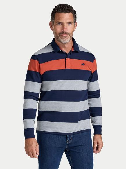 Raging Bull Regular Fit Marl Stripe Rugby Shirt, Navy, Navy