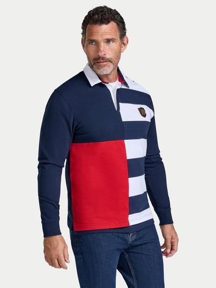 Raging Bull Cotton Harlequin Stripe Rugby Shirt, Navy, Navy