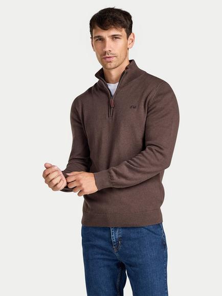 Raging Bull Zip-Neck Cotton Rich Jumper, Brown, Brown