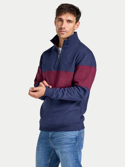 Raging Bull Cut & Sew Cotton Zip Neck Jumper, Navy/Burgundy, Navy/Burgundy