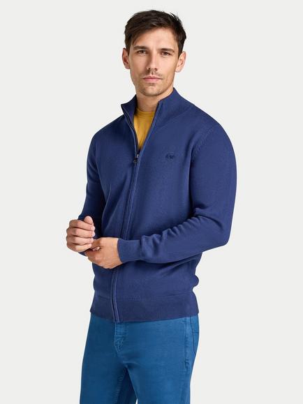 Raging Bull Zip Front Cotton Cashmere Blend Jumper, Navy, Navy