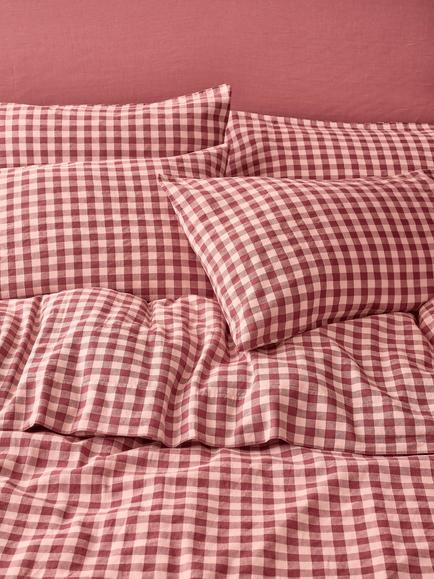 Piglet in Bed Gingham Linen Blend Bedding, Rhubarb/Rose, Rhubarb/Rose